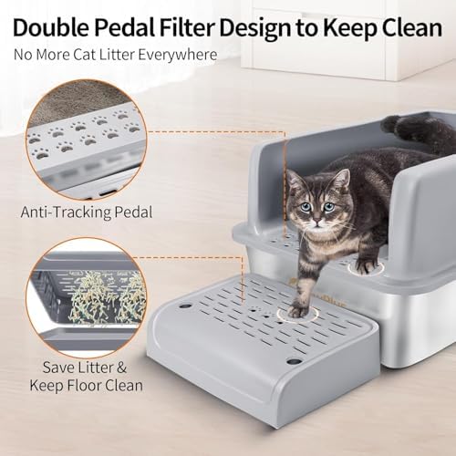 Stainless Steel Cat Litter Box 35L Large Capacity with Litter Scoop, Odor Control & Rust-Proof, Non-Stick Bottom & Easy to Clean