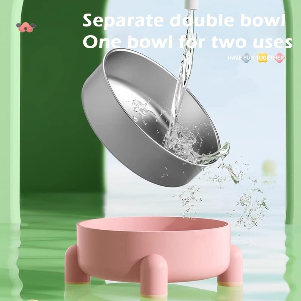 Cat Stainless Steel Bowl, Tall Whiplash-Protected Spill-Proof Pet Bowl, Removable Ceramic Water Bowl Food Bowl