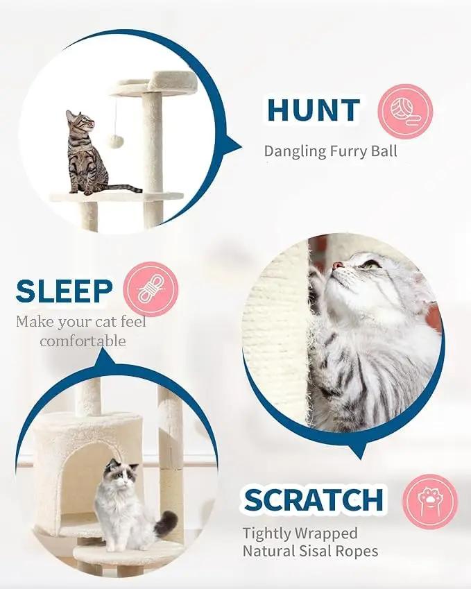 LARGE Cat Tower, Indoor Cat Tree with Sisal Covered Catch Posts and Plush Catch Balls, Suitable for Small and Medium-sized Cats(grey, 90 * 40 * 165) Pets971.com