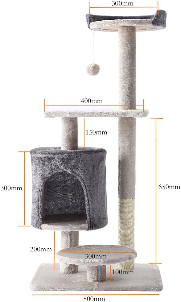 Cat Tree, Cat Tower With Sisal Covered Catch Posts and Plush Catch Balls, Suitable for Small and Medium-sized Cats(grey, 50 * 40 * 110(No hammock))