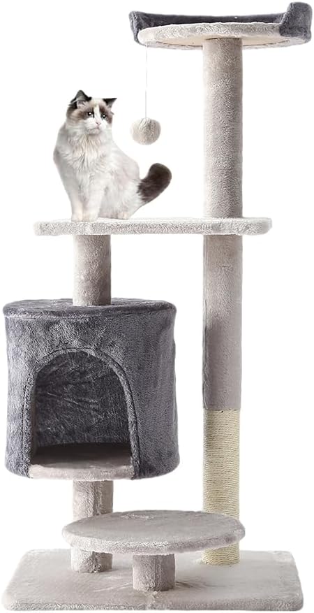 Cat Tree, Cat Tower With Sisal Covered Catch Posts and Plush Catch Balls, Suitable for Small and Medium-sized Cats(grey, 50 * 40 * 110(No hammock))