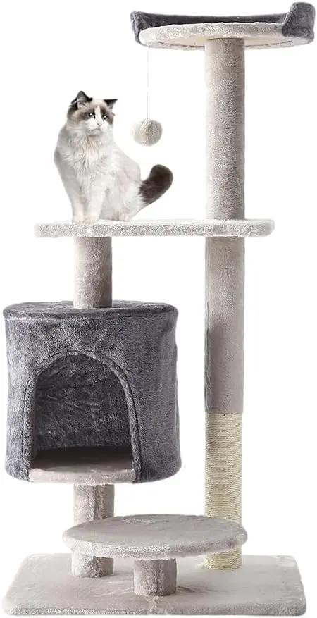 Cat Tree, Cat Tower With Sisal Covered Catch Posts and Plush Catch Balls, Suitable for Small and Medium-sized Cats(grey, 50 * 40 * 110(No hammock)) Pets971.com
