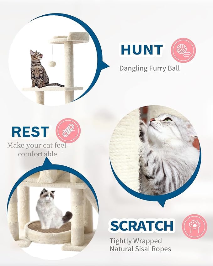 LARGE Cat Tree, Cat Tower With Sisal Covered Catch Posts and Plush Catch Balls, Suitable for Small and Medium-sized Cats(beige, 90 * 40 * 165)