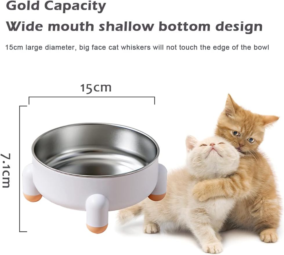 Cat Stainless Steel Bowl, Tall Whiplash-Protected Spill-Proof Pet Bowl, Removable Ceramic Water Bowl Food Bowl
