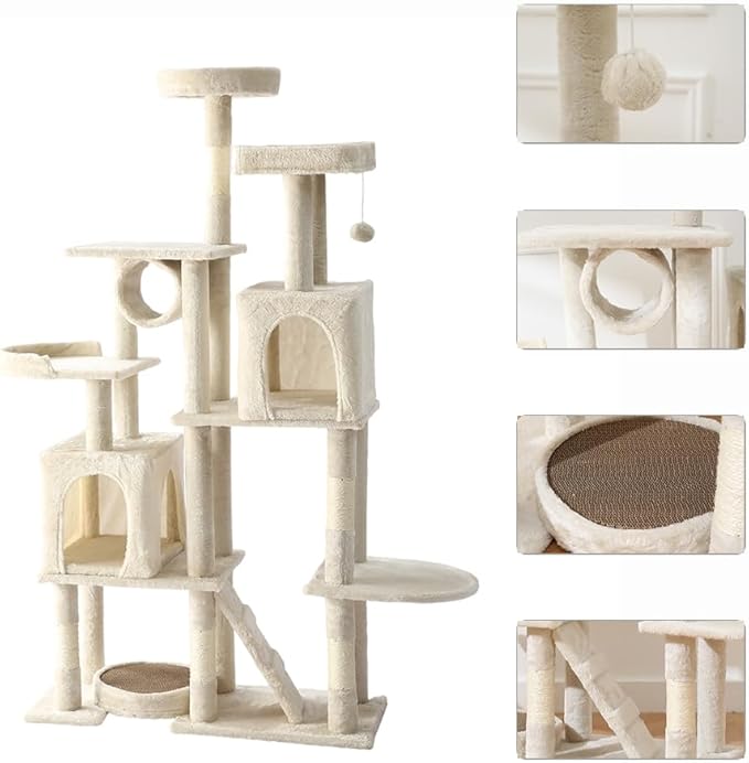 LARGE Cat Tree, Cat Tower With Sisal Covered Catch Posts and Plush Catch Balls, Suitable for Small and Medium-sized Cats(beige, 90 * 40 * 165)
