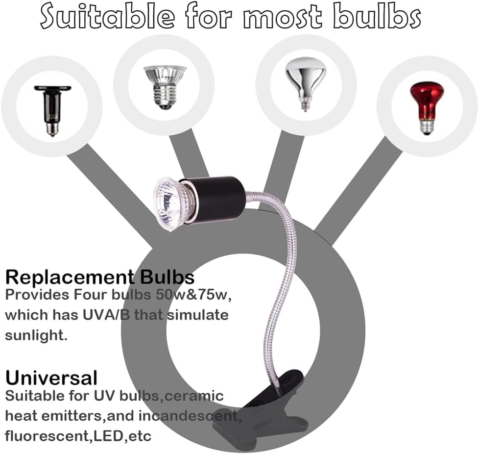مصباح حراري للزواحف، مصباح إضاءة UVA/UVB قابل للتعديل بزاوية 360 درجة، مصباح حراري للسلحفاة بقوة 50 وات (مصباح حراري للزواحف (بدون لمبة))