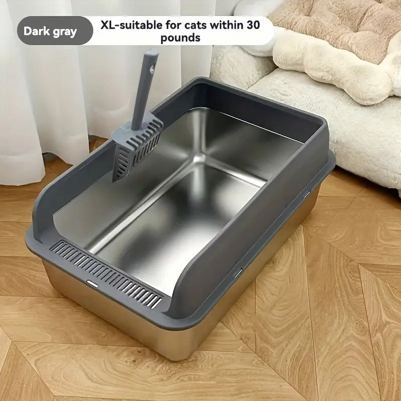 Large Cat Litter Box Stainless Steel with Scoop and Anti-Splash Cover 60x40x25cm