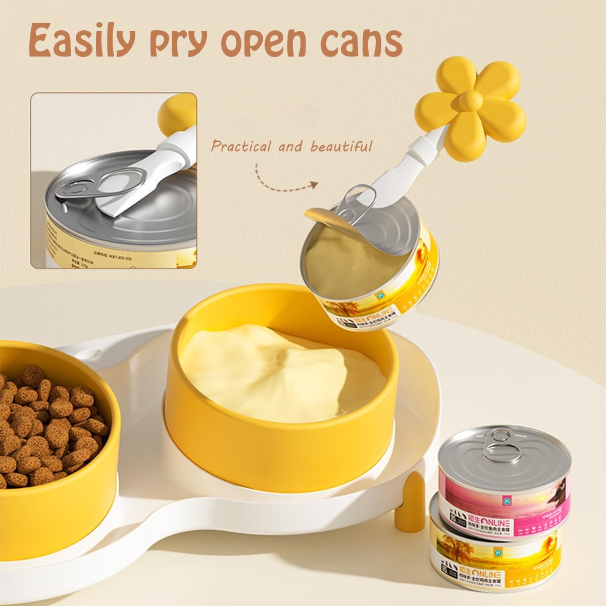 Ceramic Cat Bowl for Food and Water,Double Cat Feeding Bowl with Scraper, Tilted Food Feeding Dishes, Relieve Whisker Fatigue Anti Vomit Non-Slip Pet Raised Bowl