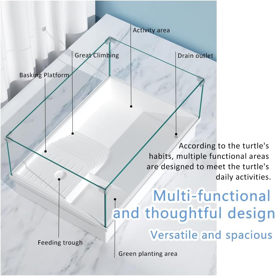 Turtle Tank, Full View Visual Removable Tortoise Aquarium Habitat with Platform, Bottom Drain for Easy Water Change and Cleaning (Only tank 48.5 * 32 * 25cm)