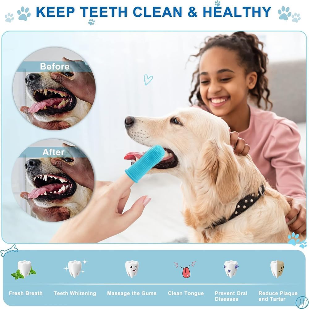 Pet Toothbrush, 360 ° Dog Tooth Cleaning Set, Cat Finger Cover Toothbrush for Cleaning Tongue Coating and Tooth Care, Pet Silicone Finger Cover Toothbrush Set