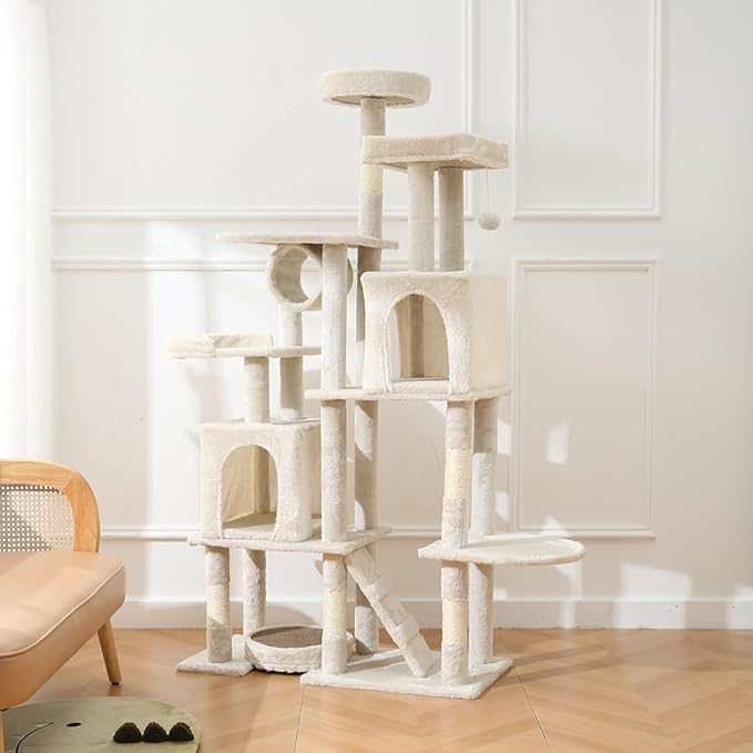 LARGE Cat Tree, Cat Tower With Sisal Covered Catch Posts and Plush Catch Balls, Suitable for Small and Medium-sized Cats(beige, 90 * 40 * 165)
