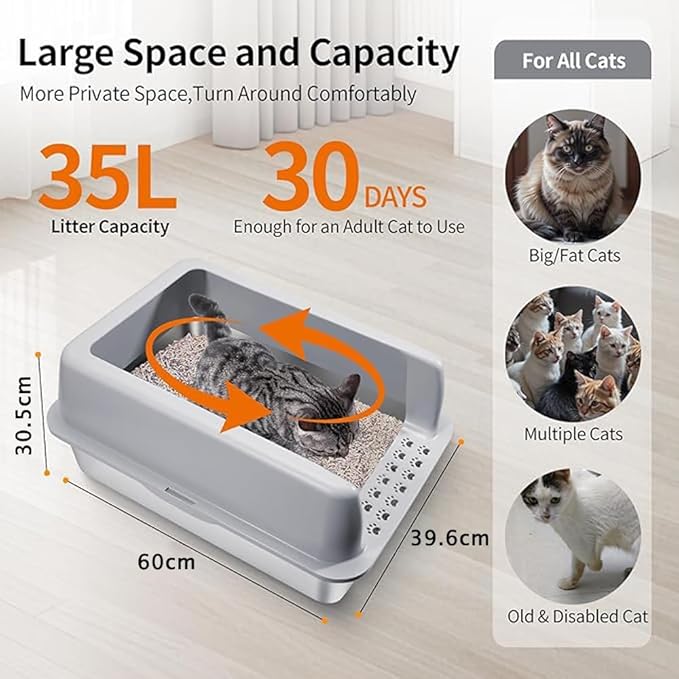 Stainless Steel Cat Litter Box 35L Large Capacity with Litter Scoop, Odor Control & Rust-Proof, Non-Stick Bottom & Easy to Clean