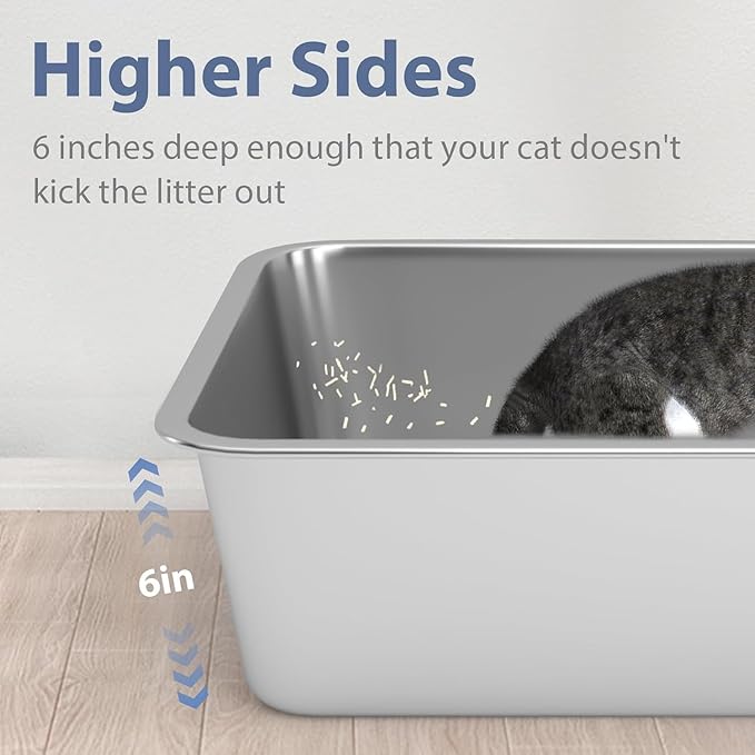 Stainless Steel Cat Litter Box - Large Litter Box for Big Cats - Easy to Clean, Never Absorbs Odor, Stains, or Rusts - Silver (19.68" L x 13.7" W x 6" H)