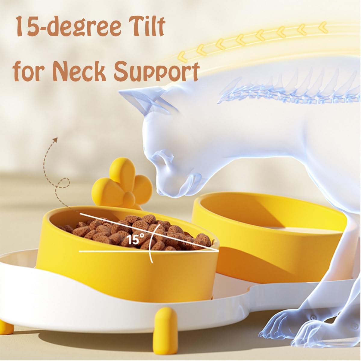 Ceramic Cat Bowl for Food and Water,Double Cat Feeding Bowl with Scraper, Tilted Food Feeding Dishes, Relieve Whisker Fatigue Anti Vomit Non-Slip Pet Raised Bowl