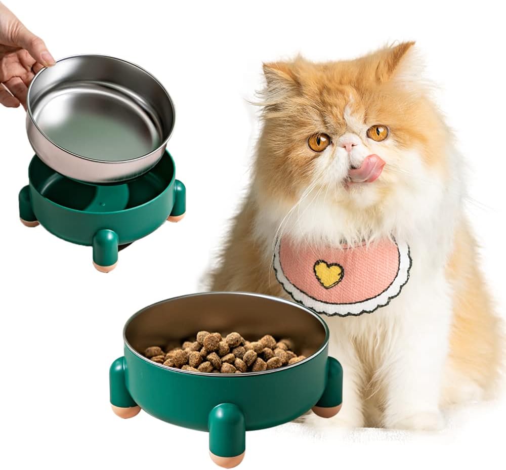 Cat Stainless Steel Bowl, Tall Whiplash-Protected Spill-Proof Pet Bowl, Removable Ceramic Water Bowl Food Bowl