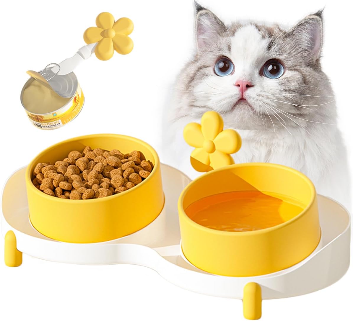 Ceramic Cat Bowl for Food and Water,Double Cat Feeding Bowl with Scraper, Tilted Food Feeding Dishes, Relieve Whisker Fatigue Anti Vomit Non-Slip Pet Raised Bowl