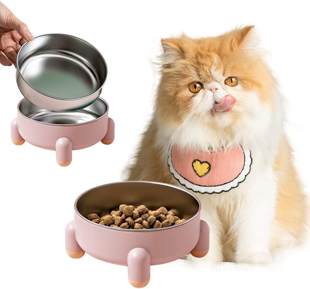 Cat Stainless Steel Bowl, Tall Whiplash-Protected Spill-Proof Pet Bowl, Removable Ceramic Water Bowl Food Bowl
