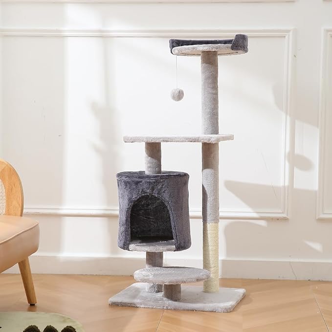 Cat Tree, Cat Tower With Sisal Covered Catch Posts and Plush Catch Balls, Suitable for Small and Medium-sized Cats(grey, 50 * 40 * 110(No hammock))