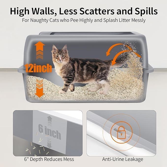 Stainless Steel Cat Litter Box 35L Large Capacity with Litter Scoop, Odor Control & Rust-Proof, Non-Stick Bottom & Easy to Clean