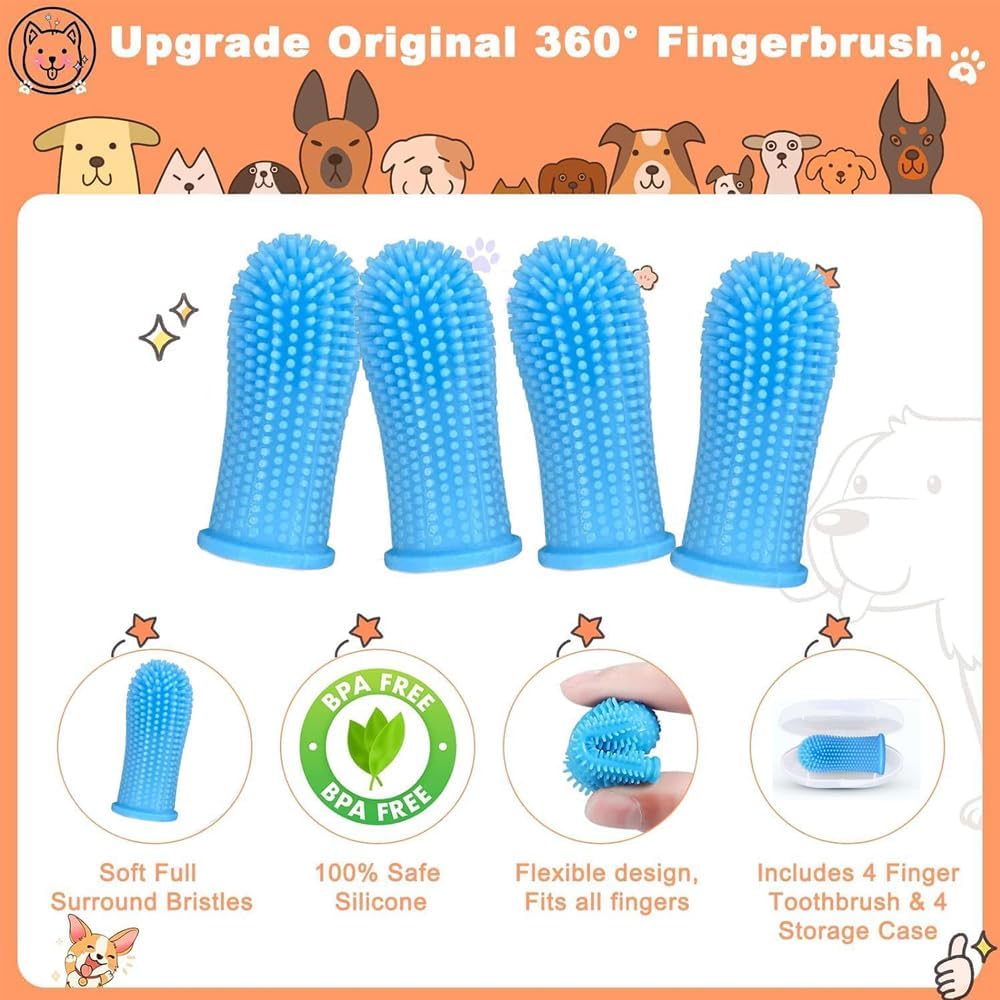 Pet Toothbrush, 360 ° Dog Tooth Cleaning Set, Cat Finger Cover Toothbrush for Cleaning Tongue Coating and Tooth Care, Pet Silicone Finger Cover Toothbrush Set
