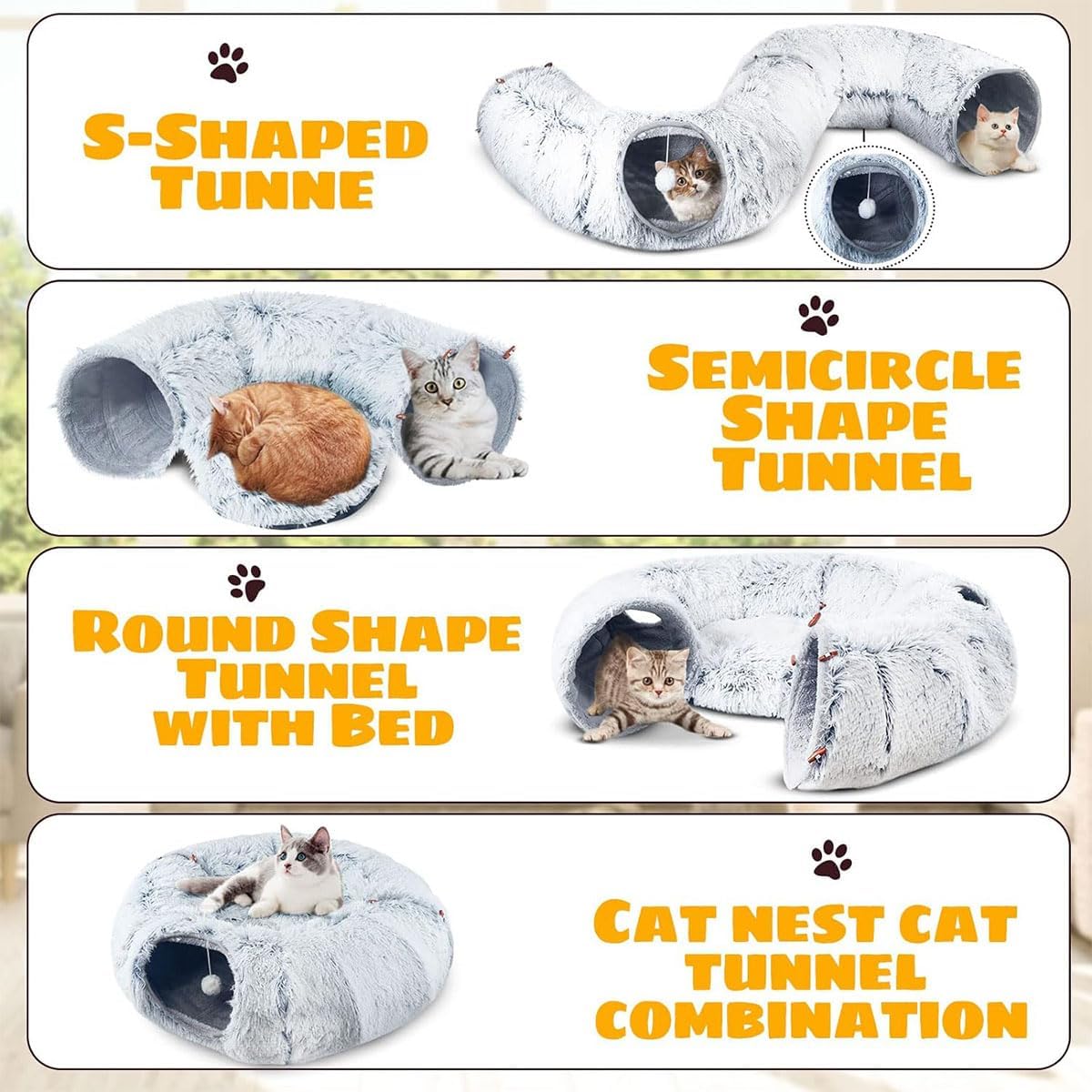 Plush Cat Tunnel Bed,Plush Cat Circle Tunnel with Hanging Balls and Peepholes,Cat Bed Tunnel with Washable Cushion,Multifunctional Cat Toys for Kitten, Cat, Puppy, Rabbit, Ferret