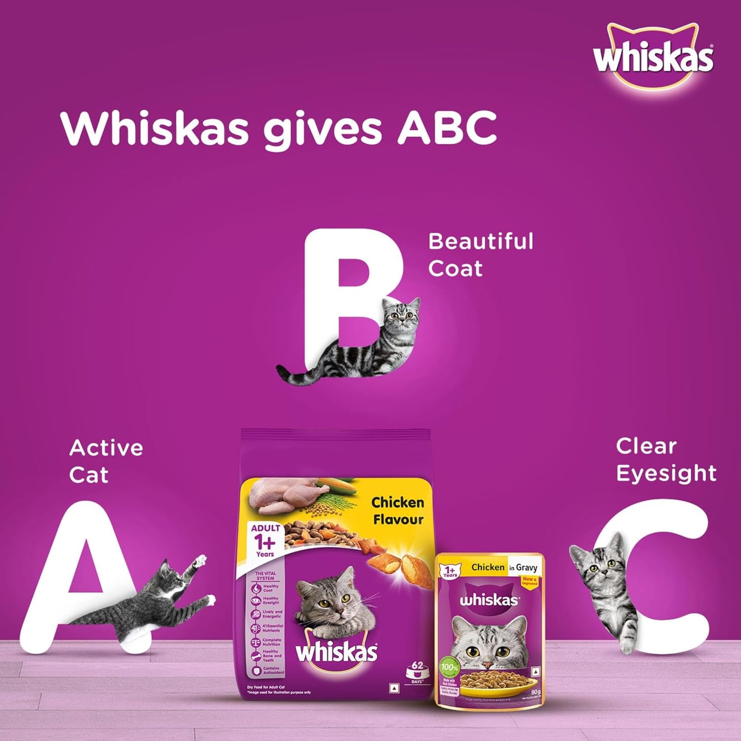 Whiskas Adult (+1 year) Dry Cat Food, Chicken Flavour, 1.2kg Pack