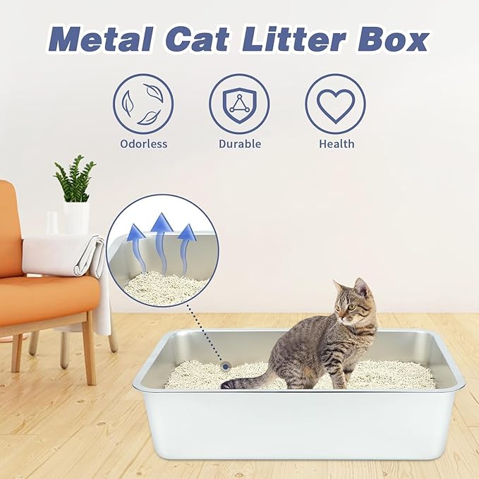 Stainless Steel Cat Litter Box - Large Litter Box for Big Cats - Easy to Clean, Never Absorbs Odor, Stains, or Rusts - Silver (19.68" L x 13.7" W x 6" H)