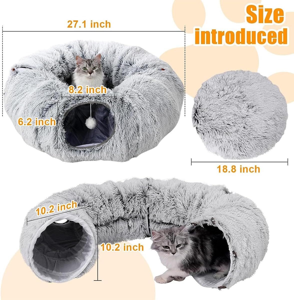 Plush Cat Tunnel Bed,Plush Cat Circle Tunnel with Hanging Balls and Peepholes,Cat Bed Tunnel with Washable Cushion,Multifunctional Cat Toys for Kitten, Cat, Puppy, Rabbit, Ferret