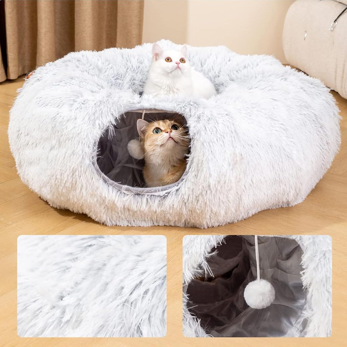 Plush Cat Tunnel Bed,Plush Cat Circle Tunnel with Hanging Balls and Peepholes,Cat Bed Tunnel with Washable Cushion,Multifunctional Cat Toys for Kitten, Cat, Puppy, Rabbit, Ferret