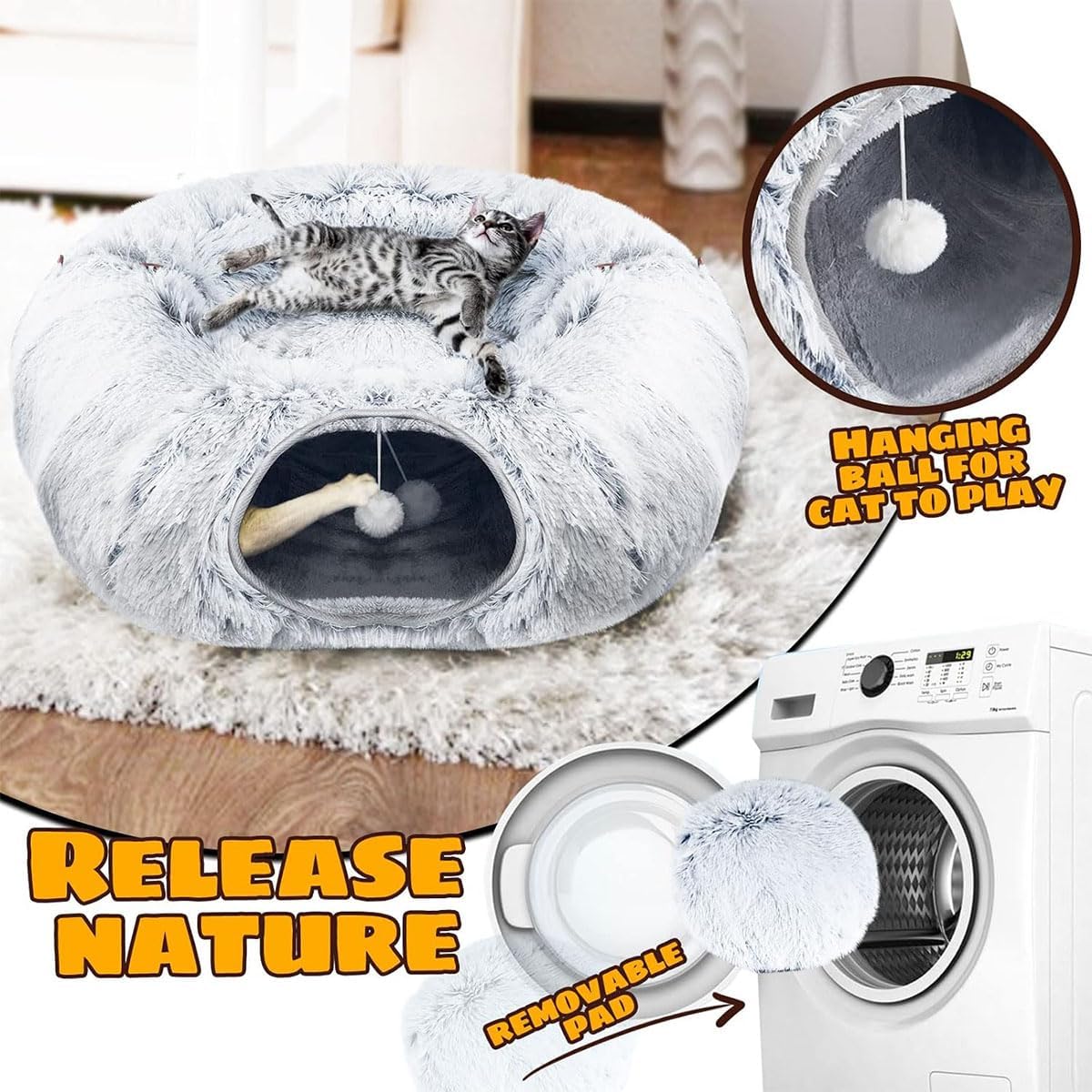 Plush Cat Tunnel Bed,Plush Cat Circle Tunnel with Hanging Balls and Peepholes,Cat Bed Tunnel with Washable Cushion,Multifunctional Cat Toys for Kitten, Cat, Puppy, Rabbit, Ferret