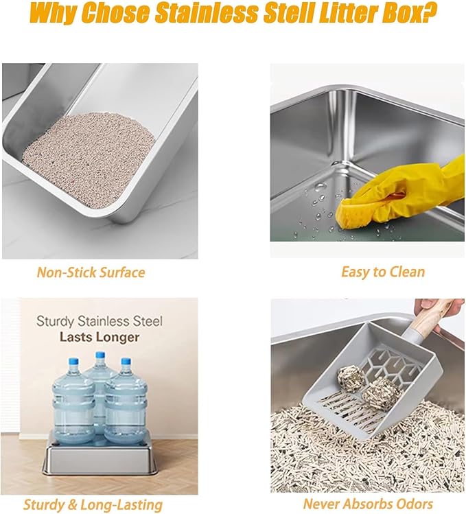 Stainless Steel Cat Litter Box - Large Litter Box for Big Cats - Easy to Clean, Never Absorbs Odor, Stains, or Rusts - Silver (19.68" L x 13.7" W x 6" H)