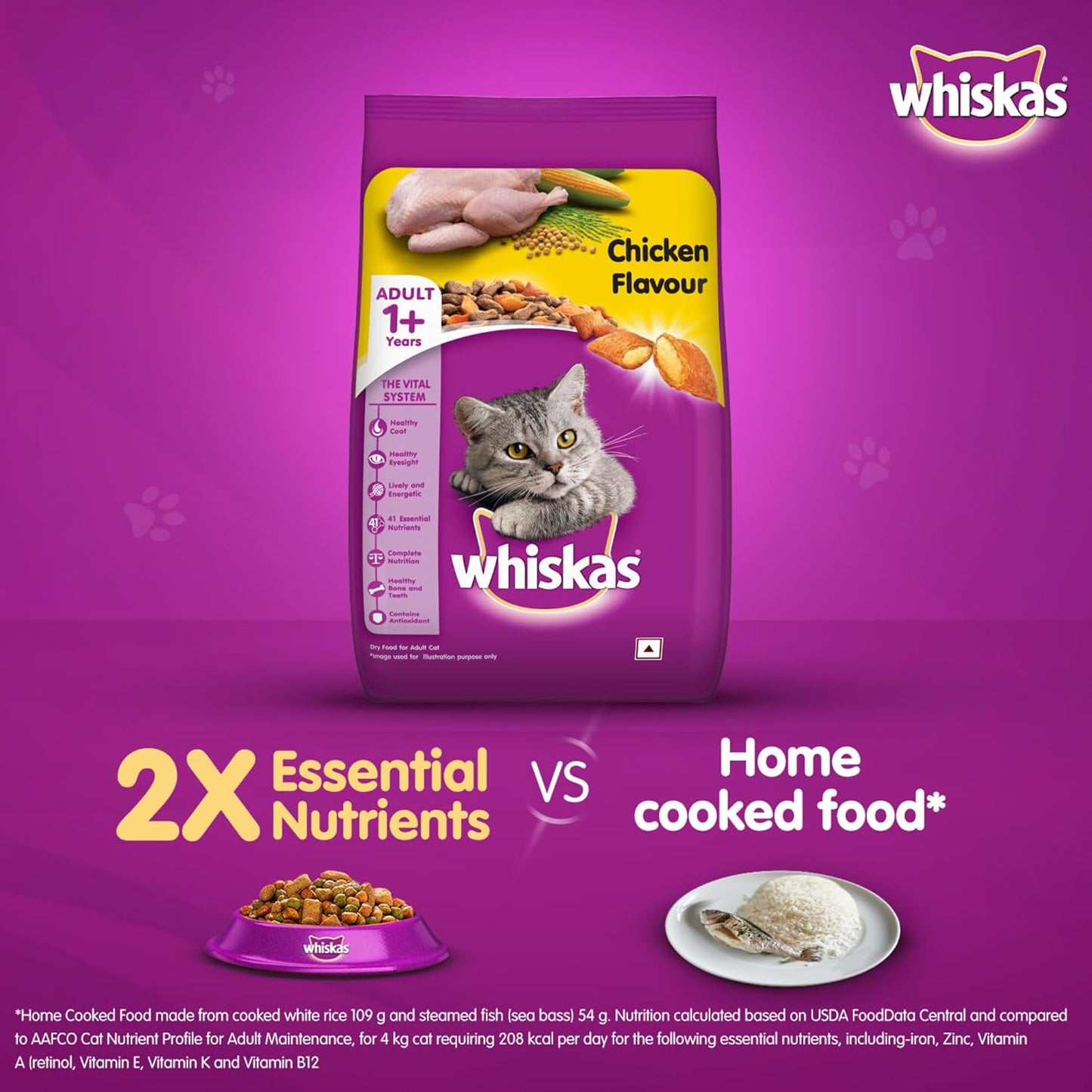 Whiskas Adult (+1 year) Dry Cat Food, Chicken Flavour, 1.2kg Pack