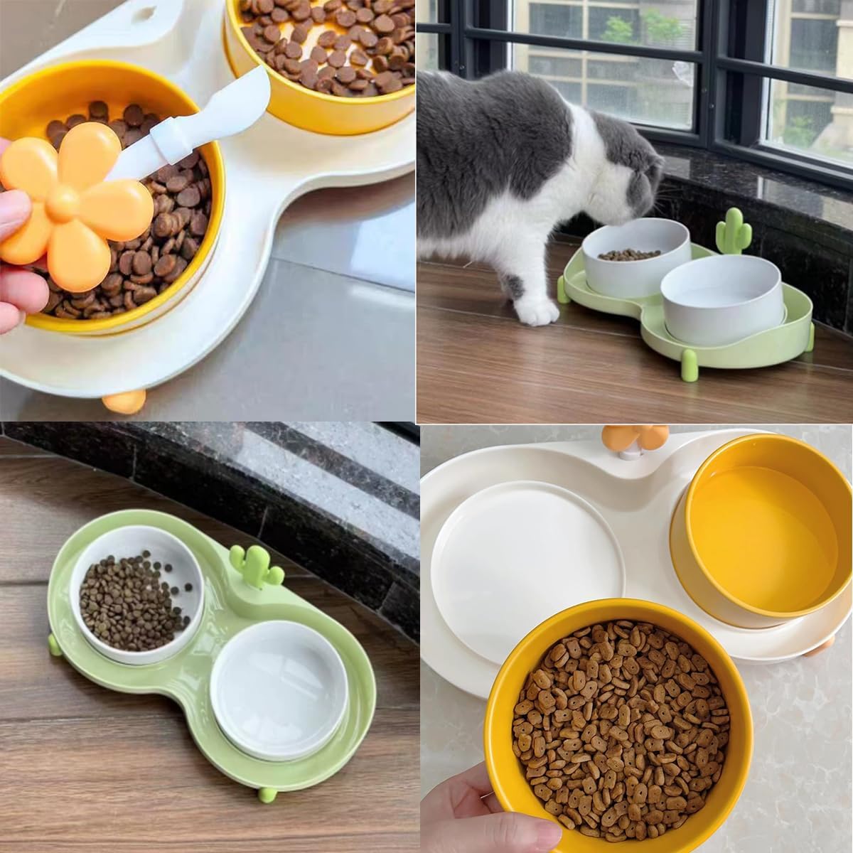 Ceramic Cat Bowl for Food and Water,Double Cat Feeding Bowl with Scraper, Tilted Food Feeding Dishes, Relieve Whisker Fatigue Anti Vomit Non-Slip Pet Raised Bowl