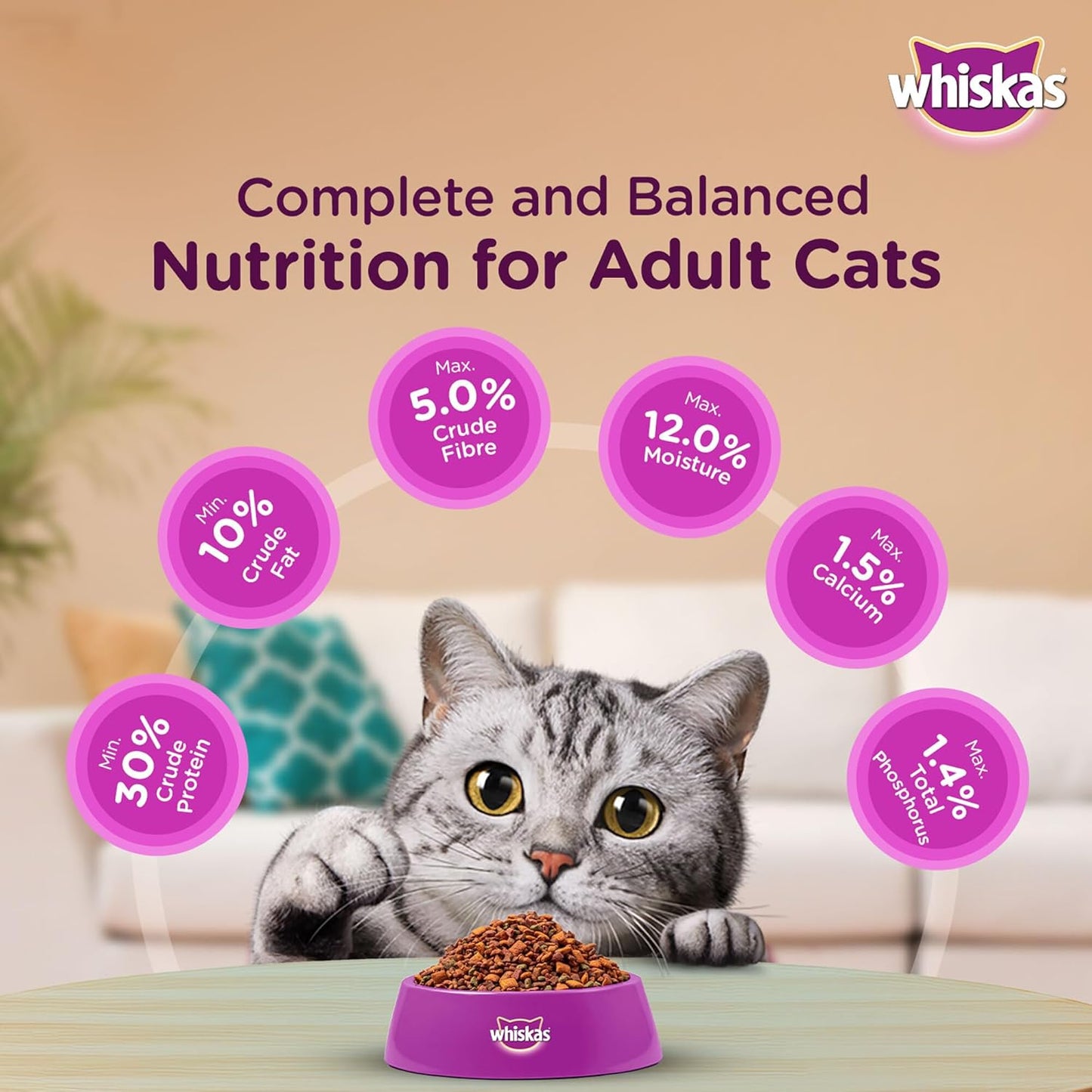 Whiskas Adult (+1 year) Dry Cat Food, Chicken Flavour, 1.2kg Pack