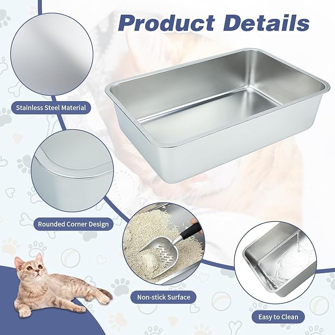 Stainless Steel Cat Litter Box - Large Litter Box for Big Cats - Easy to Clean, Never Absorbs Odor, Stains, or Rusts - Silver (19.68" L x 13.7" W x 6" H)