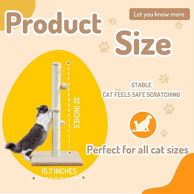 Cat Scratching Post for Indoor Cats,Cat tree with Sisal Rope Durable,Cat Scratcher with Hanging Ball and Mouse Toy (32 inches/80cm Tall, Beige)