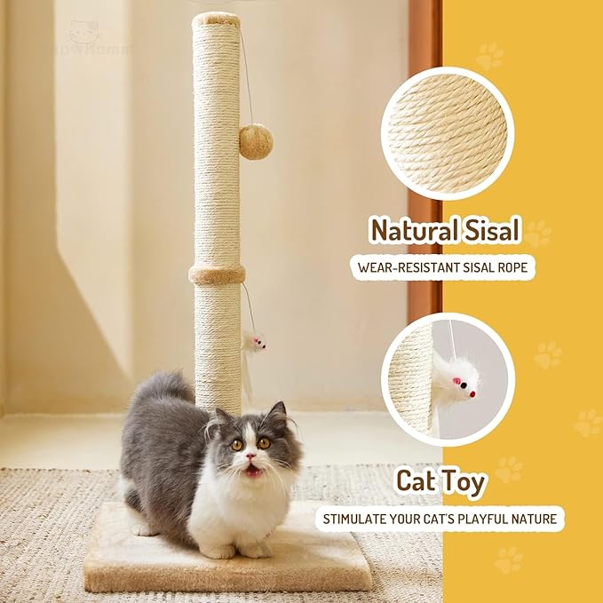 Cat Scratching Post for Indoor Cats,Cat tree with Sisal Rope Durable,Cat Scratcher with Hanging Ball and Mouse Toy (32 inches/80cm Tall, Beige)