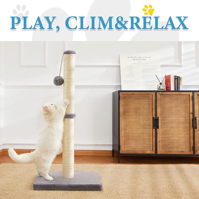 Cat Scratching Post for Indoor Cats,Cat tree with Sisal Rope Durable,Cat Scratcher with Hanging Ball and Mouse Toy (32 inches/80cm Tall, Grey)