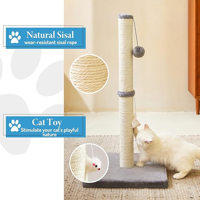 Cat Scratching Post for Indoor Cats,Cat tree with Sisal Rope Durable,Cat Scratcher with Hanging Ball and Mouse Toy (32 inches/80cm Tall, Grey)