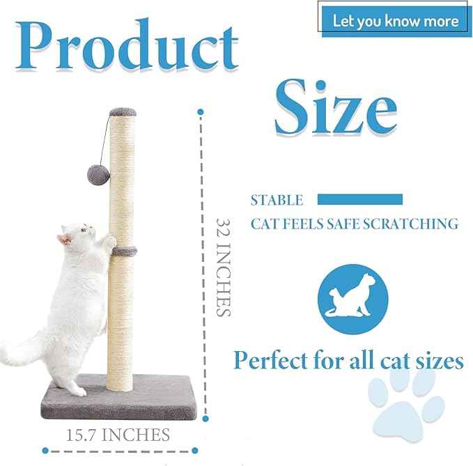 Cat Scratching Post for Indoor Cats,Cat tree with Sisal Rope Durable,Cat Scratcher with Hanging Ball and Mouse Toy (32 inches/80cm Tall, Grey)