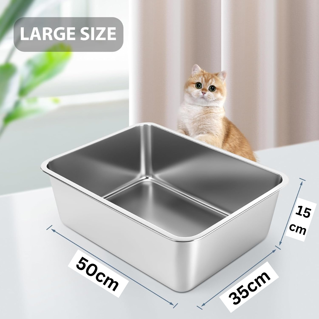Stainless Steel Cat Litter Box - Large Litter Box for Big Cats - Easy to Clean, Never Absorbs Odor, Stains, or Rusts - Silver (19.68" L x 13.7" W x 6" H)