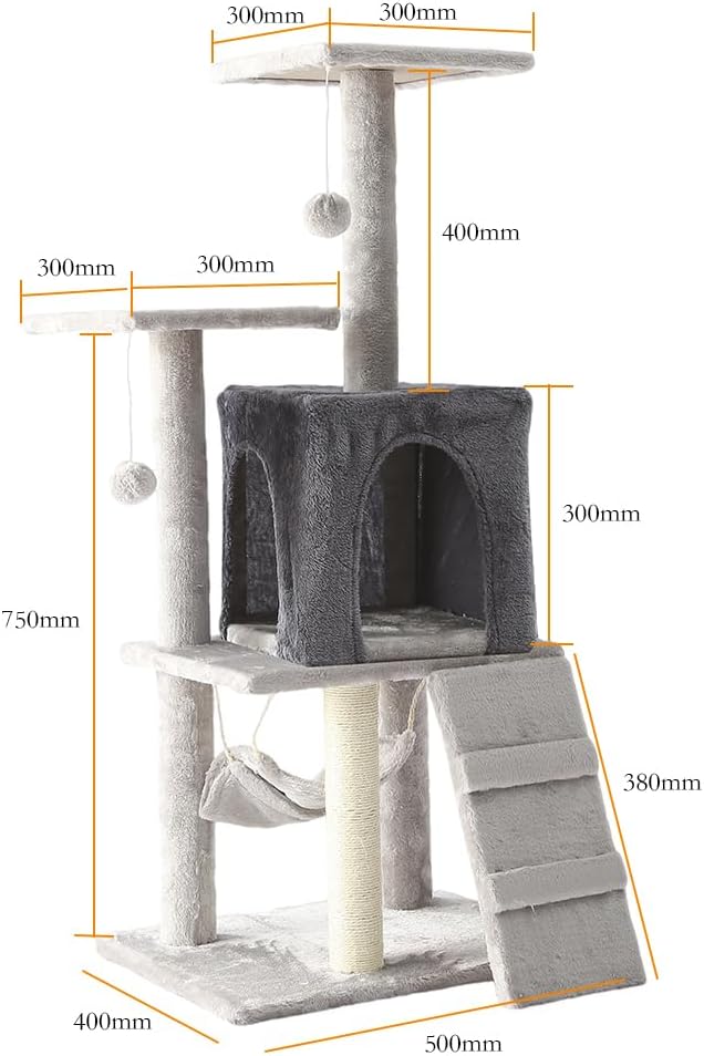 Cat Tower, Indoor Cat Tree with Sisal Covered Catch Posts and Plush Catch Balls, Suitable for Small and Medium-sized Cats(GRAY, 50 * 40 * 110 With hammock)