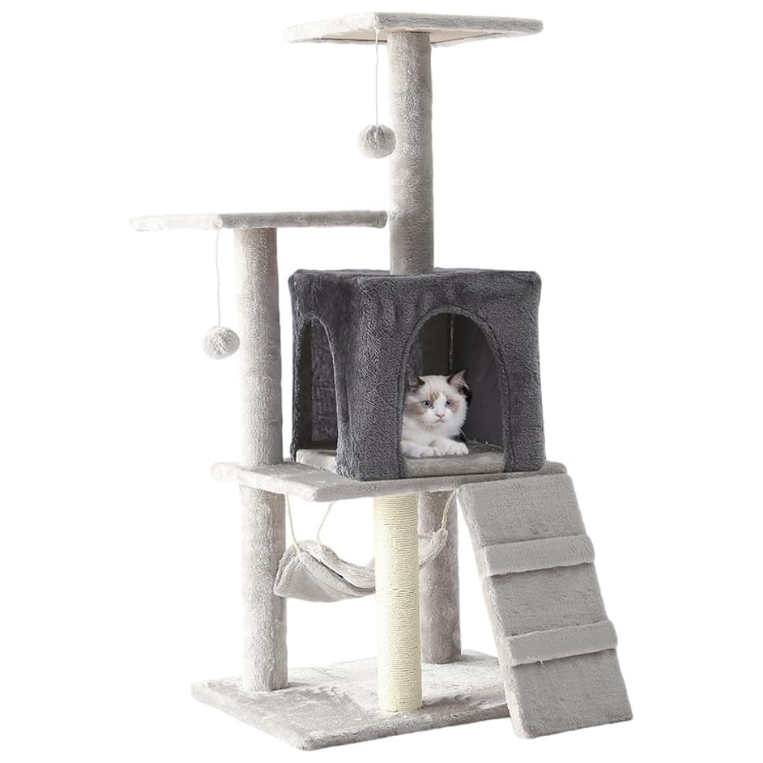 Cat Tower, Indoor Cat Tree with Sisal Covered Catch Posts and Plush Catch Balls, Suitable for Small and Medium-sized Cats(GRAY, 50 * 40 * 110 With hammock)