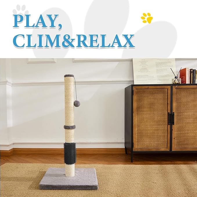 Cat Scratching Post with Massage brush for Indoor Cats, Cat tree with Sisal Rope Durable,Cat Scratcher with Hanging Ball and Mouse Toy (32 inches/80cm Tall, Grey with Massage Brush)