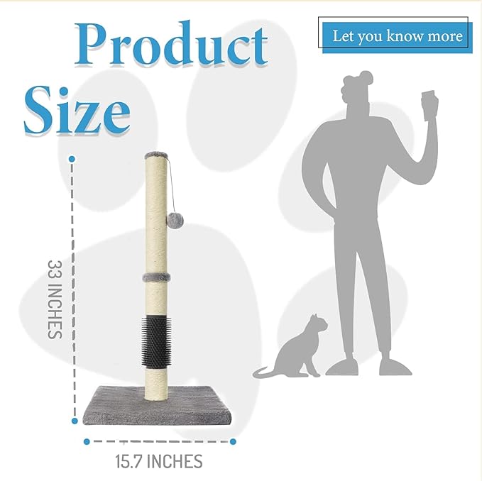Cat Scratching Post with Massage brush for Indoor Cats, Cat tree with Sisal Rope Durable,Cat Scratcher with Hanging Ball and Mouse Toy (32 inches/80cm Tall, Grey with Massage Brush)