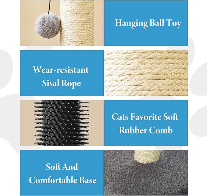 Cat Scratching Post with Massage brush for Indoor Cats, Cat tree with Sisal Rope Durable,Cat Scratcher with Hanging Ball and Mouse Toy (32 inches/80cm Tall, Grey with Massage Brush)