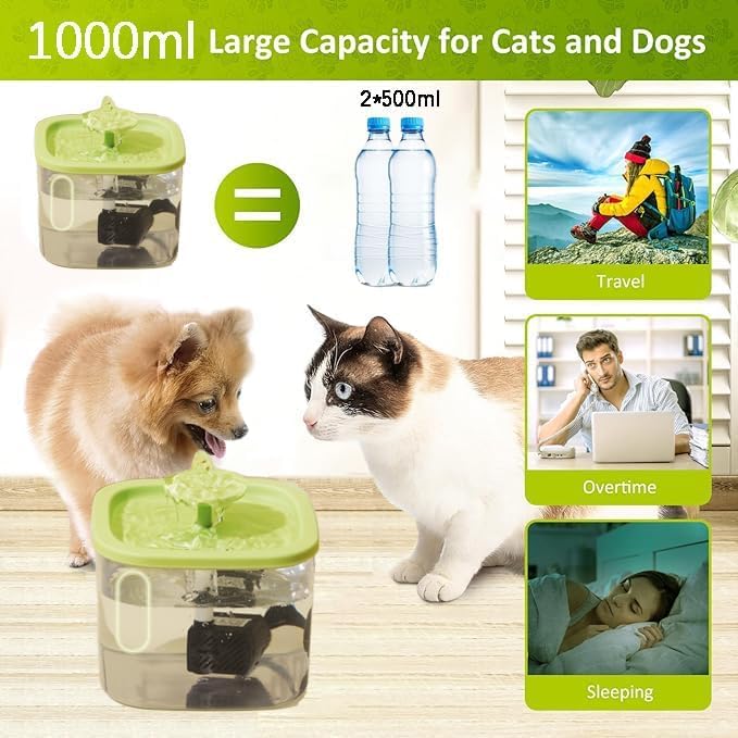 Cat Water Dispenser 1L, Cat Water Fountain, Ultra Quiet Pet Water Dispenser, Intelligent Pet Water Dispenser with Automatic Circulation Filtration, Suitable for Cats, Dogs and Other Pets Water dispenser Green