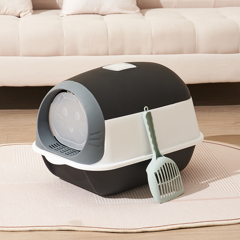 Fully enclosed cat toilet with door Large cat litter box Cat litter box with cat litter scoop and splash proof Cat litter box with deodorizer Pet supplies (Black & White)