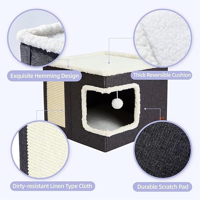 Multifunction Cat House, Indoor Bed, Nest, Foldable Cube Cave, Large Pet Play House With Fluffy Ball Hanging, Scratch Pad and Detachable Storage Box (Corner Opening, Grey)