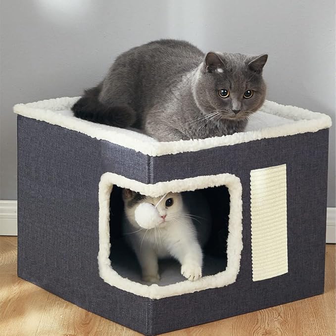 Multifunction Cat House, Indoor Bed, Nest, Foldable Cube Cave, Large Pet Play House With Fluffy Ball Hanging, Scratch Pad and Detachable Storage Box (Corner Opening, Grey)